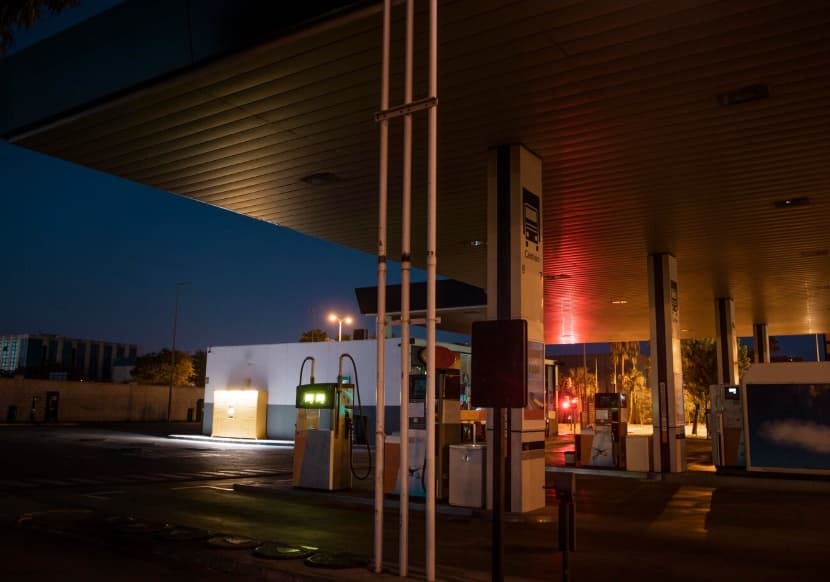 Tornado gas station at night